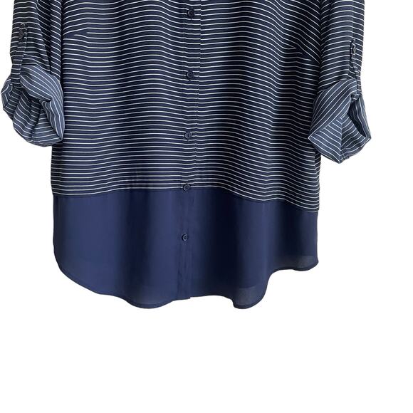 Chicos Women Top L Navy Striped Button Up‎ Casual Workwear Preppy Modern Chic - Picture 5 of 11